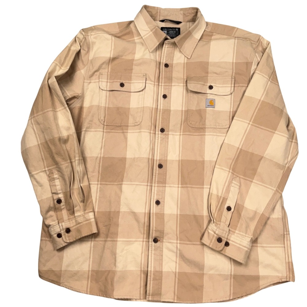Carhartt Hvy Flannel Shirt Mens XLarge Tan Plaid Loose Fit Cotton Flap Pockets